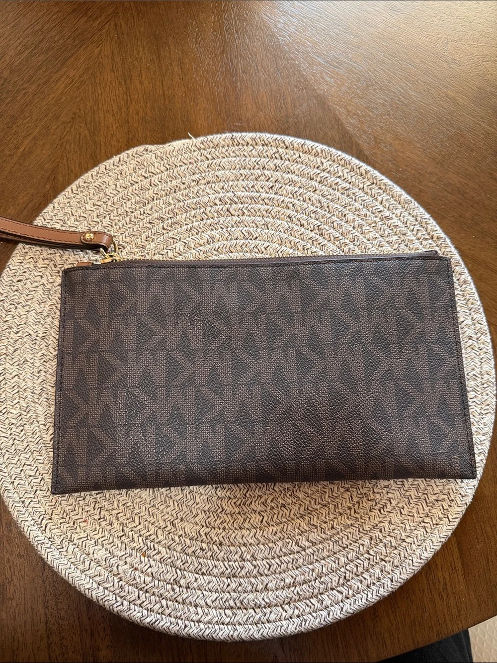 Michael Kors Dark Brown Monogram Wristlet Clutch with Gold Logo